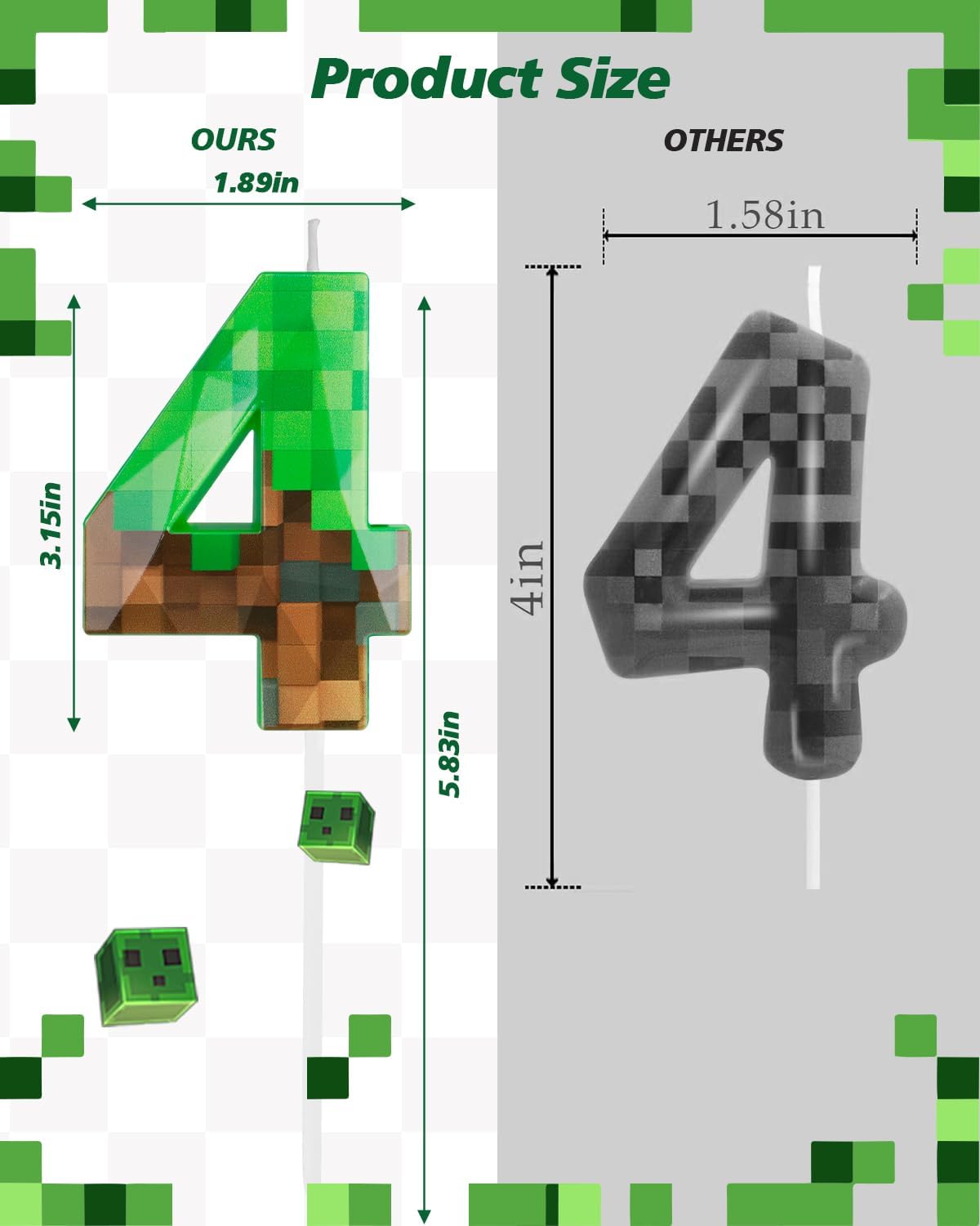 Pixel Birthday Candle, 2.68 Inch Miner Number Candles, Game Themed Candle Birthday Decoration for Pixel Theme Birthday Anniversary Dynamite Video Game Party (Green, 4)