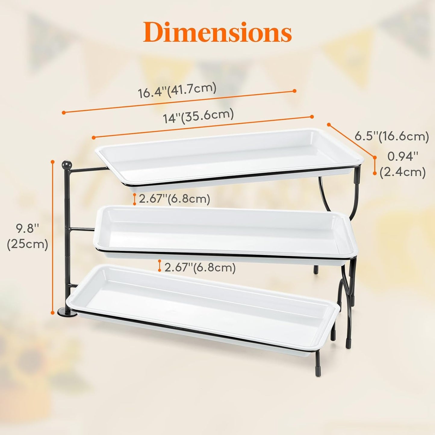Lifewit 3 Tier Serving Tray, 14" x 6.5" White Plastic Tiered Food Serving Platters, Rotatable Tiered Tray Stand for Party with Black Collapsible Metal Stand, Dessert Table Stands for Cookies, Crackers