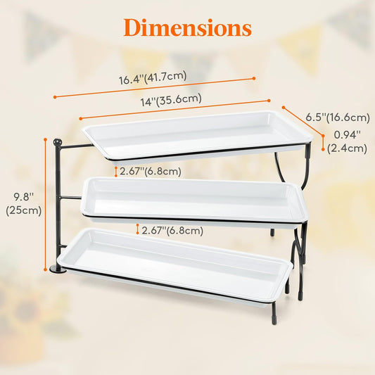 Lifewit 3 Tier Serving Tray, 14" x 6.5" White Plastic Tiered Food Serving Platters, Rotatable Tiered Tray Stand for Party with Black Collapsible Metal Stand, Dessert Table Stands for Cookies, Crackers