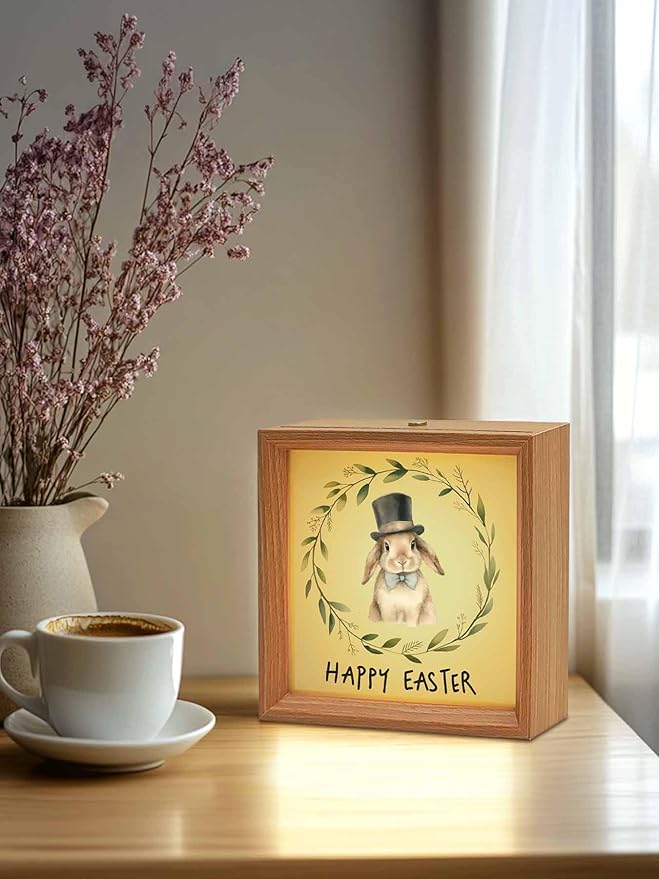 Happy Easter Bunny Garland Wooden LED Night Light USB Rechargeable Dimmable Touch Table Light for Home Decor Pastoral Eucalyptus Leaf Wood Picture Frame Box,6.5X6.5IN