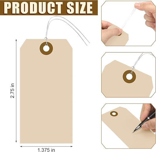 1000 Pcs Blank Manila Shipping Tags with Wire 2 3/4" x 1 3/8" Paper Hang Luggage Asset Gift Label Key Tags (Khaki)