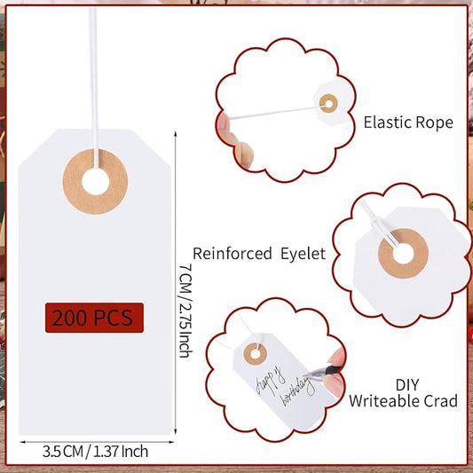 200 Pack White Blank Tags with Elastic String Marking Hang Tags Attached Reinforced Hole Writable Gift Tag for Valentine's Day Gifts 2.75'' x1.37''