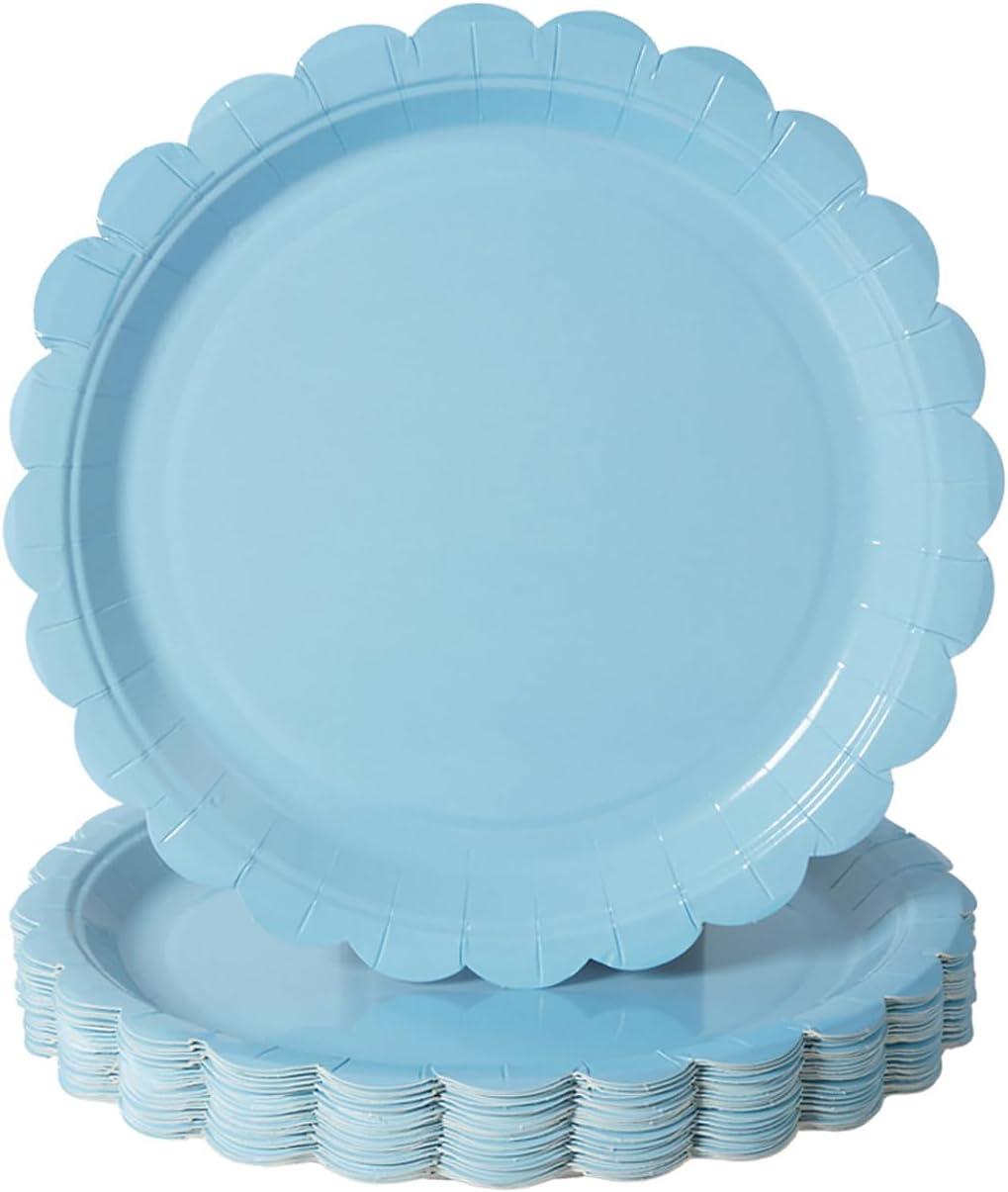 BEFORYOU 50PCS Scalloped Disposable Paper Plates Dessert Cake Party Plates for Baby Shower, Wedding,Bridal Shower Birthday Party Supplies (Blue, 7IN)