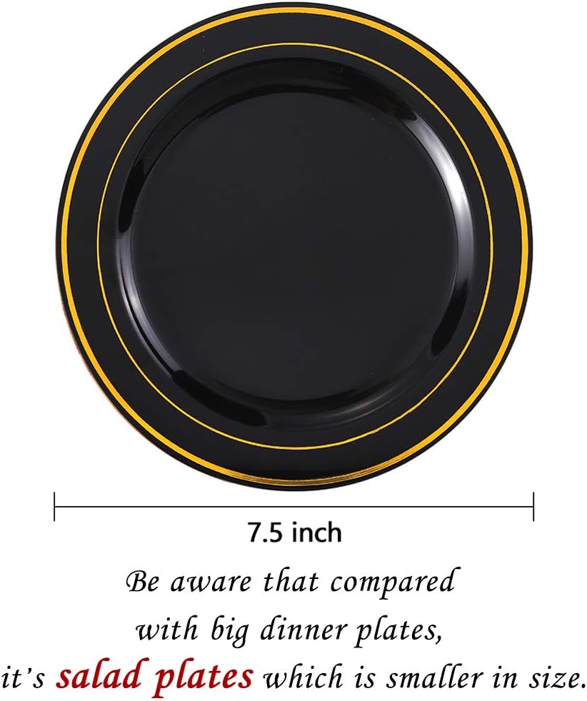 bUCLA 100 Pieces Black and Gold Plastic Dessert Plates - 7.5inch Disposable Salad/Appetizer Plates - Ideal for Party, Graduation & New Year