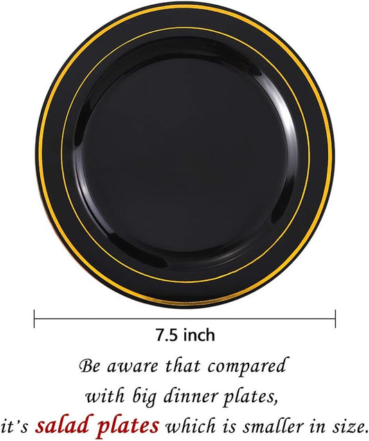 bUCLA 100 Pieces Black and Gold Plastic Dessert Plates - 7.5inch Disposable Salad/Appetizer Plates - Ideal for Party, Graduation & New Year