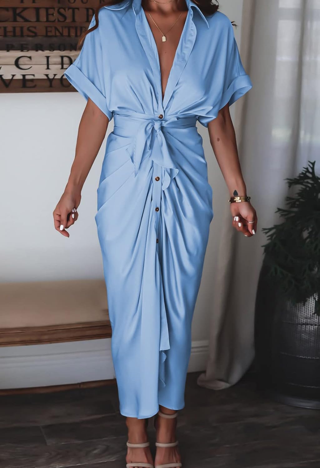 Women Elegant Satin Button Down Short Sleeve Maxi Shirt Dress with Belt