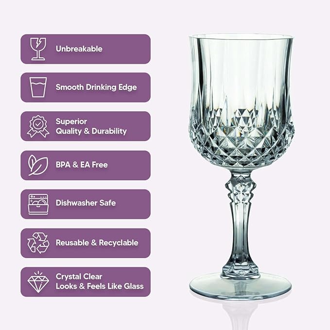 Efavormart 6 Pack Ocean Blue Crystal Cut Reusable Plastic Wine Glasses, Shatterproof Cocktail Goblets 8oz