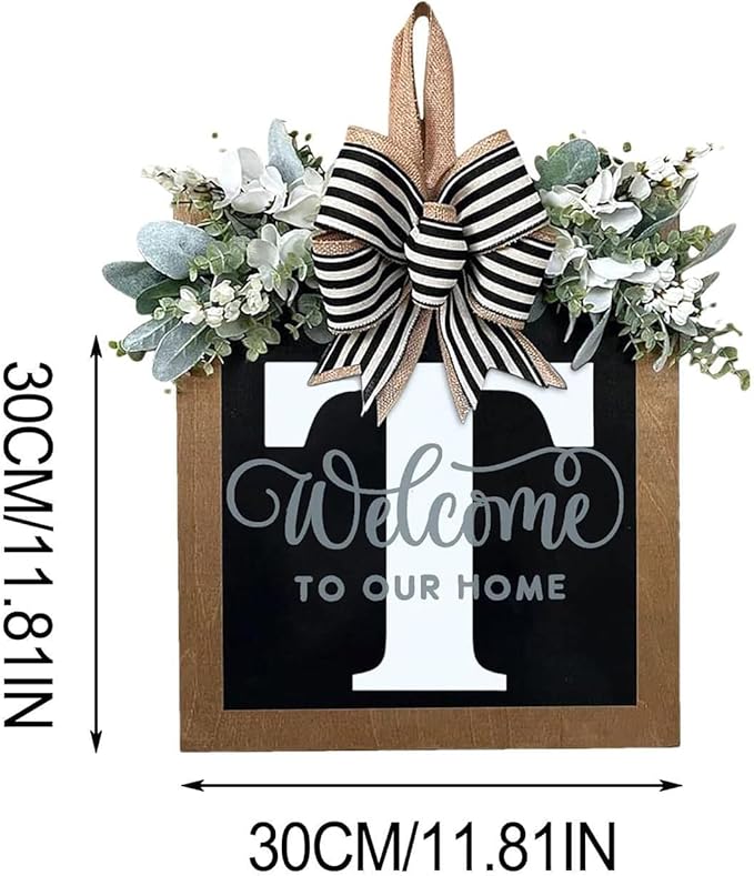 Last Name All Year Round Front Door Wreath with 26 Initial Letter Welcome Sign All Seasons Eucalyptus Garland and Bow ，Farmhouse, Porch, for Spring Summer Fall All Seasons Holiday Halloween Christmas.（T）