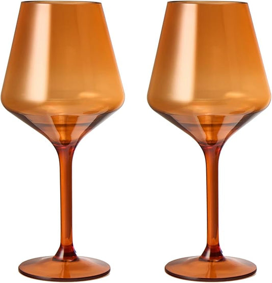 Floating Wine Glasses for Pool (18 Oz | Set of 2) - Wine Glass Set That Float | Shatterproof Poolside Wine | Beach Glass | Outdoor Tritan Plastic Glassware with Stem for Patio, Picnic - Burnt Orange