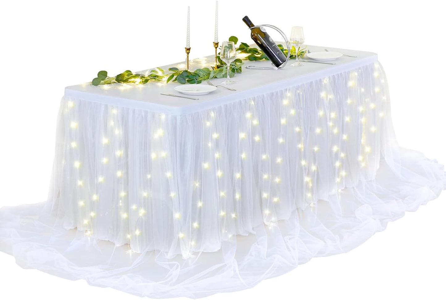14ft White Tulle Table Skirt for Rectangle Tables or Round Tables, White Tutu Table Skirt with LED Light for Baby Shower Wedding Birthday Party Bridal Shower or Banquet Decoration (H 30in)