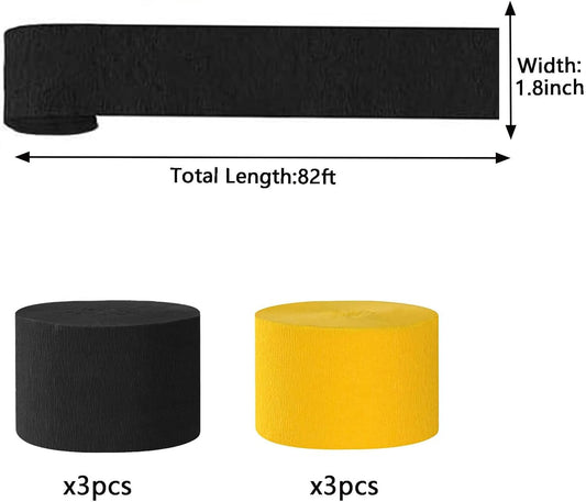 We Moment Black and Yellow Crepe Paper Streamers Party Streamer 1.8 Inch Widening 6 Rolls,Black Yellow Party Decorations Streamer 82 feet per roll for Birthday Wedding Party Decorations