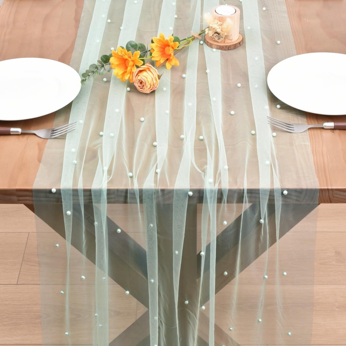 Sage Green Pearl Fall Thanksgiving Table Runner Boho Rustic Tulle Lace Table Runner for Baby Shower Wedding Arch Decor Veil Dessert Table Decor 3pcs