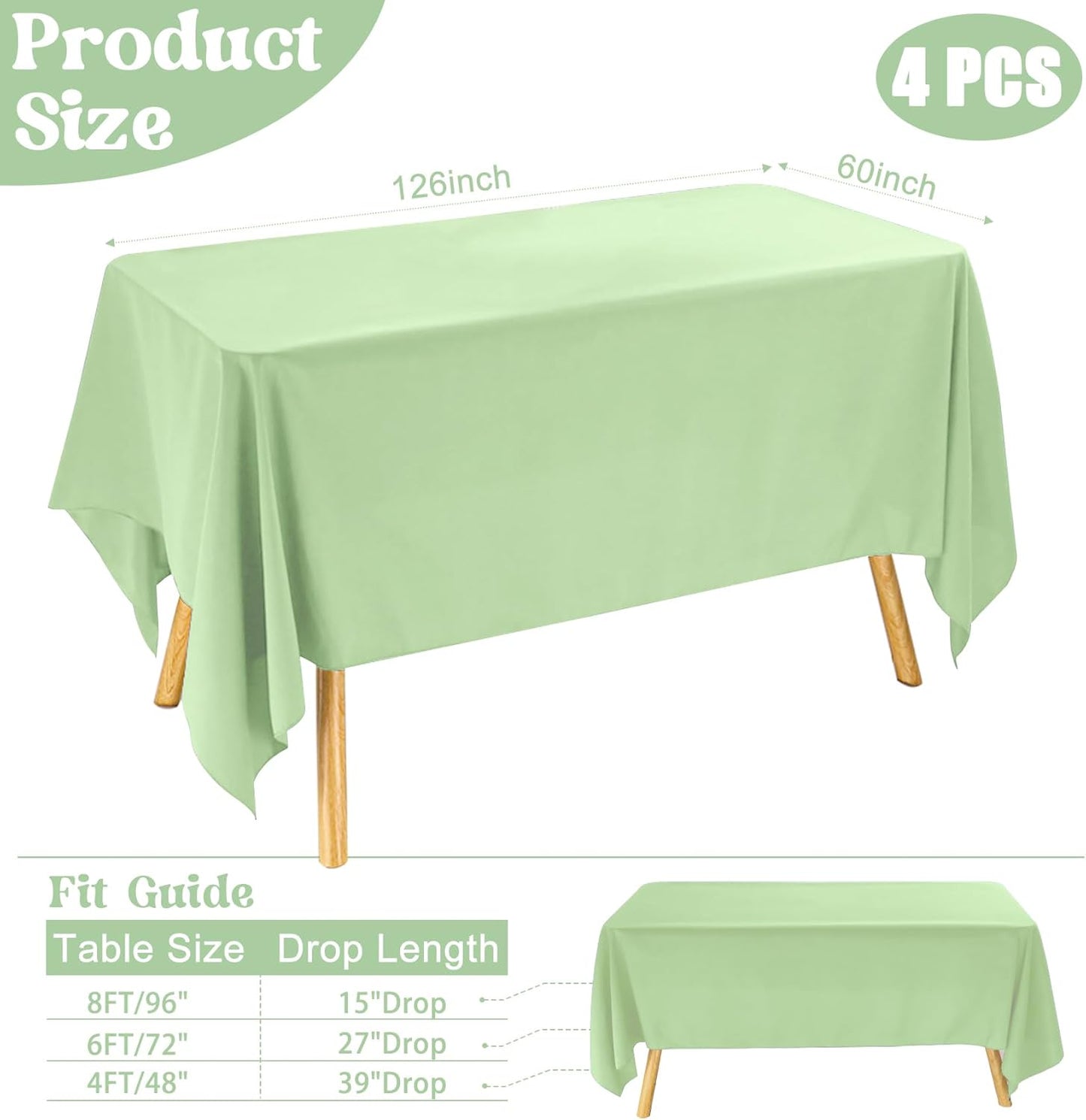 4 Pack Rectangle Tablecloth 60x126 Inch Sage Green Table Cloth for 8 Foot Rectangle Tables Washable Polyester Table Cover for Wedding Dining Tables Parties Banquet（60x126 Sage Green）