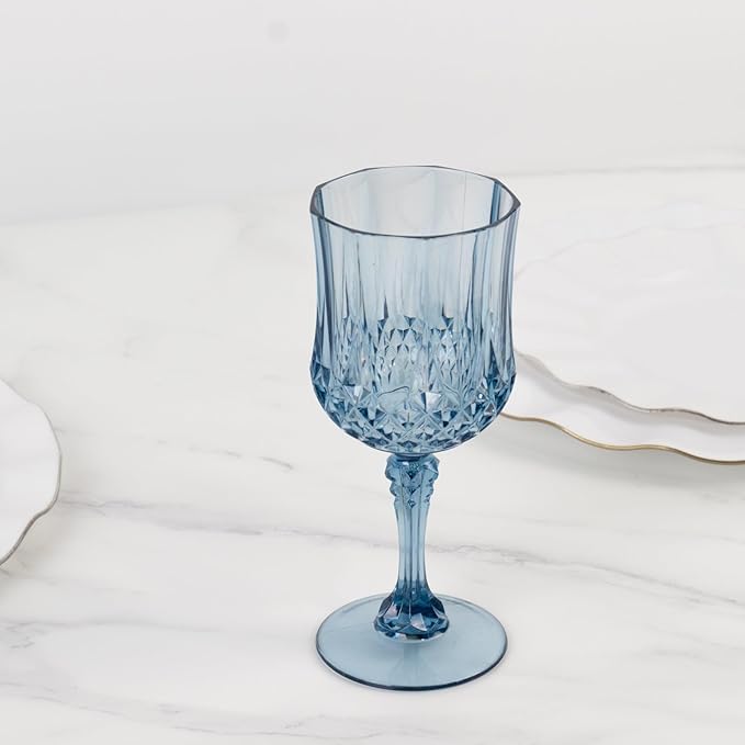 Efavormart 6-Pack Plastic Wine Glasses 8oz, Dusty Blue - Crystal Cut Shatterproof Cocktail Goblets Drinking Glasses