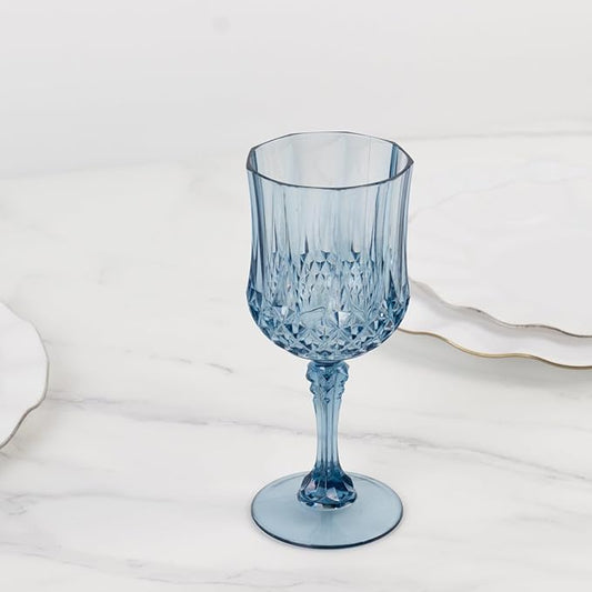 Efavormart 6-Pack Plastic Wine Glasses 8oz, Dusty Blue - Crystal Cut Shatterproof Cocktail Goblets Drinking Glasses