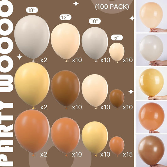PartyWoo Brown Balloon Arch Kit Garland 100 pcs Shades of Brown Neutral Boho Tan Balloons Different Sizes of 18 12 10 5 Inch for Baby Shower Safari Wedding Anniversary Birthday Party Decorations