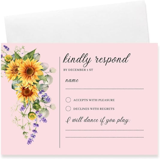 Preprinted Purple and Yellow Sunflower Wedding or Party RSVP Cards, Personalized Response Card Glossy Finish With White Envelopes, Set of 15 with Envelope, 5x3.5 inch Cards (Pink)