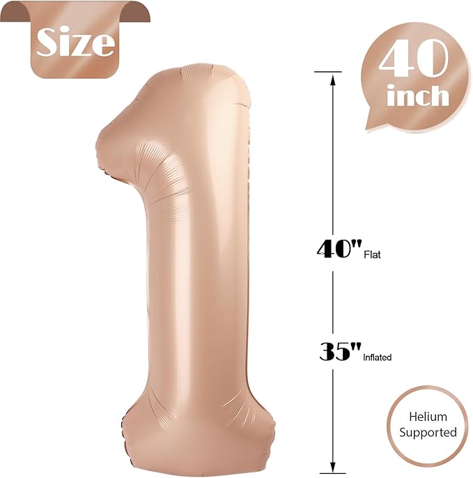 40 Inch Light Brown 1 Balloon for First Birthday, Tan 1st Number Balloons Khaki Birthday Decorations for Girl Boy Kids Toddler Baby, Beige One Giant Number 1 Balloon