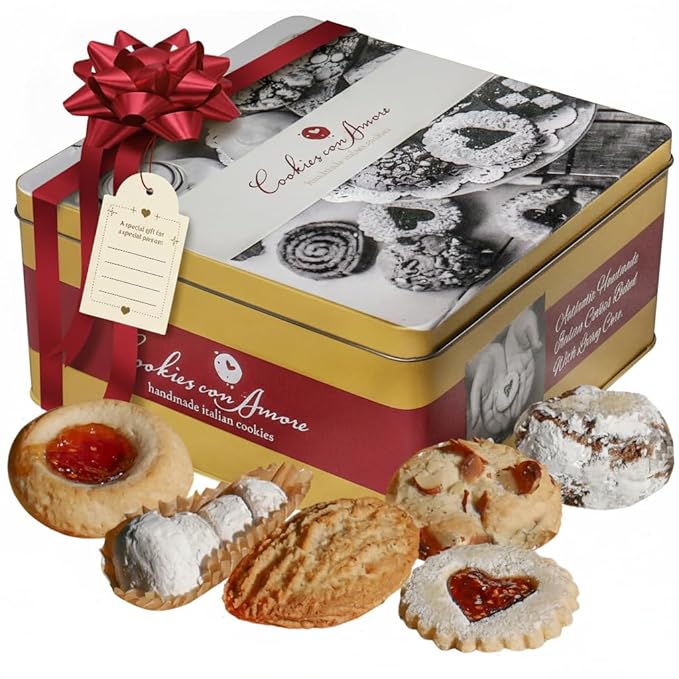 Assorted Italian Cookies Gift Box, 30+ Pieces Individually Wrapped Traditional Gourmet Cookies - 2Lb Square Tin with Authentic Premium Pastries for Holiday Gifting, Coffee Pairing, and Christmas Celebrations