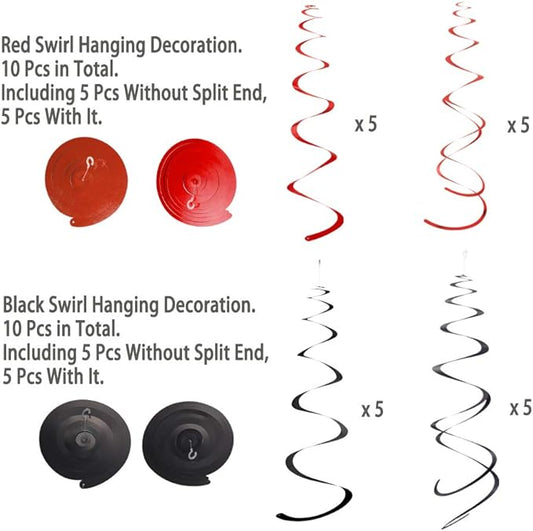 MOWO Black and Red Foil Swirl Hanging Decoration for Birthday Graduation Wedding New Year Halloween Party Supplies,Pack of 20