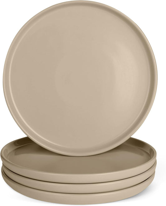 Amazon Basics Glazed Stoneware Dinner Plates, 4-Piece Set, Microwave and Dishwasher-Safe, 10.5 in., Linen Gray