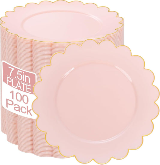 LIYH 100 Pcs 7.5" Pink Plastic Plates with Gold Disposable Pink Dessert Plates Gold Plastic Plate,Baby Shower Plate Set Suitable for Weddings Bridal Showers Afternoon Tea