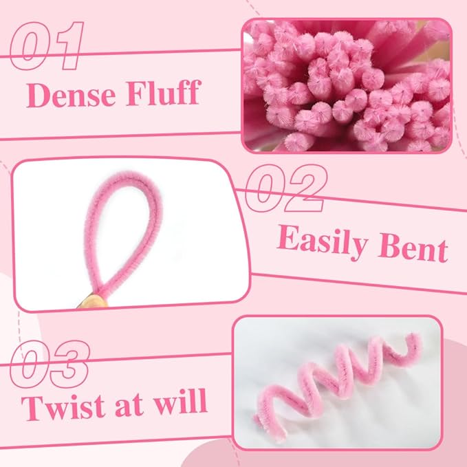 AHAMETON 620-Piece Pink Pipe Cleaner Complete Craft Kit - Enhanced Set with Flower Stems, Tape Rolls, Ribbon & Greeting Card for DIY Wedding Bouquets, Gift Projects