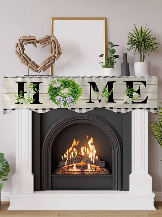 Rustic Home Fireplace Mantel Scarf Table Runner,Eucalyptus Leaves Floral Wooden Buffalo Plaid Winter Garland Mantel Top Tablerunners Dresser Scarves Cover for Windows Party Living Room 90"x17"