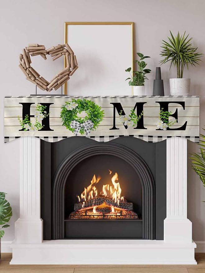Rustic Home Fireplace Mantel Scarf Table Runner,Eucalyptus Leaves Floral Wooden Buffalo Plaid Winter Garland Mantel Top Tablerunners Dresser Scarves Cover for Windows Party Living Room 70"x17"