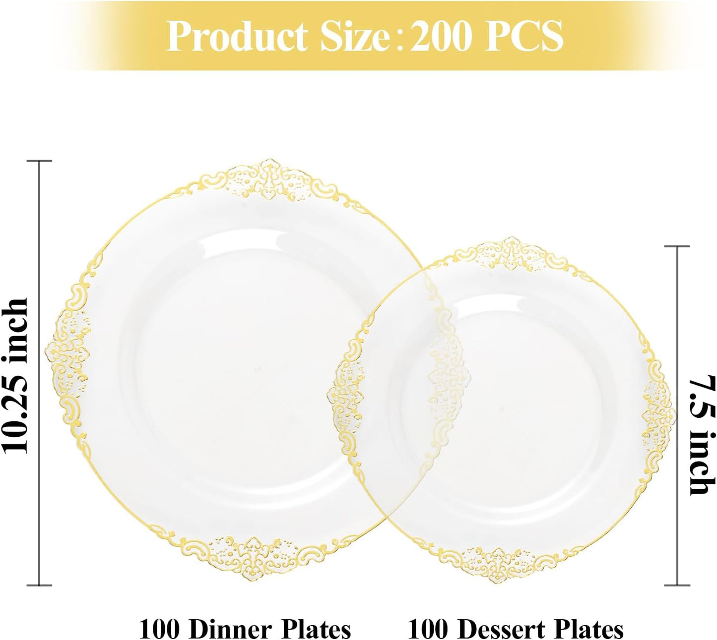200 PCS Clear and Gold Plastic Plates for 100 Guests, Elegant Clear Disposable Plates with Gold Trim, Include 100 PCS Dinner Plates, 100 PCS Dessert Plates for Party, Birthday and Graduation