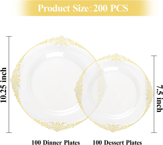 200 PCS Clear and Gold Plastic Plates for 100 Guests, Elegant Clear Disposable Plates with Gold Trim, Include 100 PCS Dinner Plates, 100 PCS Dessert Plates for Party, Birthday and Graduation