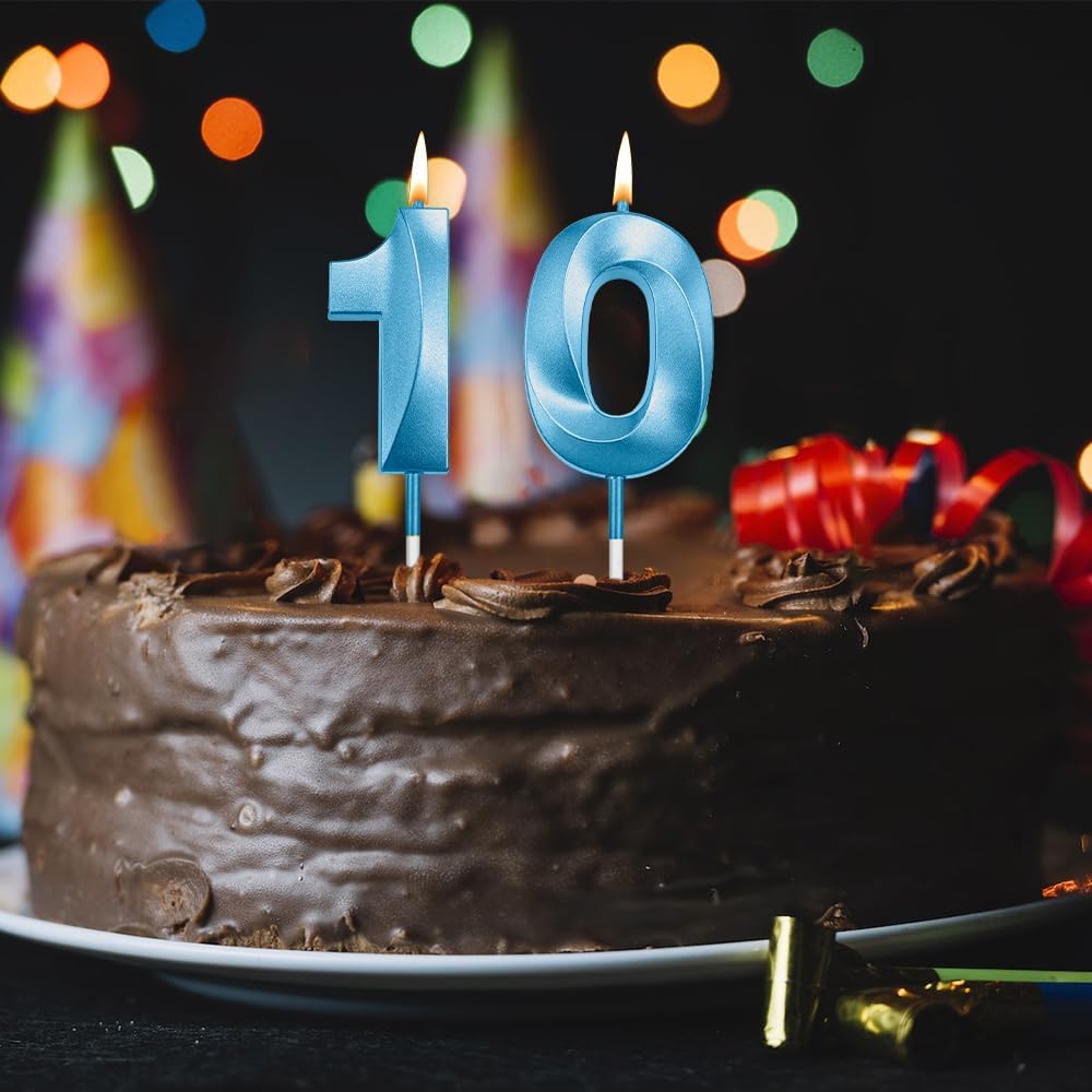 Number 10 Candle 10th Birthday Decorations for Boys - 2 Blue Birthday Candles (Number 1 & 0) - Modern, Odorless, Non-Toxic, Smokeless - Perfect for Birthdays, Anniversaries & Parties