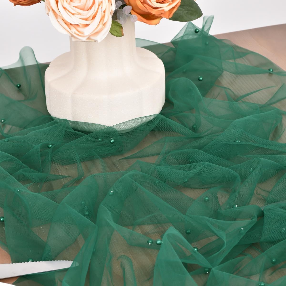 Dark Green Pearl Fall Thanksgiving Table Runner Boho Rustic Tulle Lace Table Runner for Baby Shower Wedding Arch Decor Veil Dessert Table Decor 3pcs