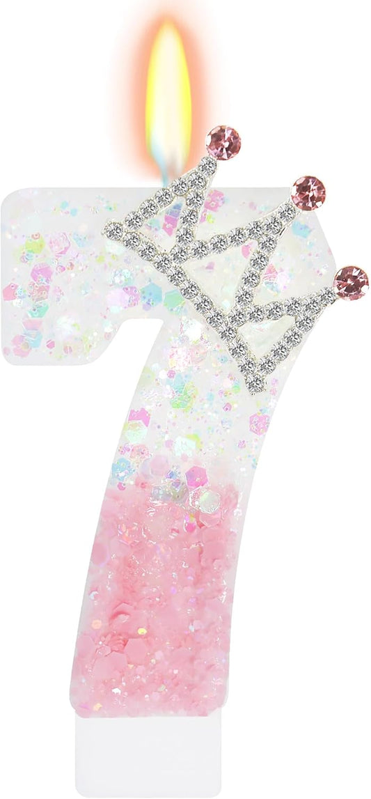 Pink White Number 7 Candle, Glitter Crown Cake Topper, Princess Birthday Party Decorations for Girls and Women Anniversary Celebrations Party Favors