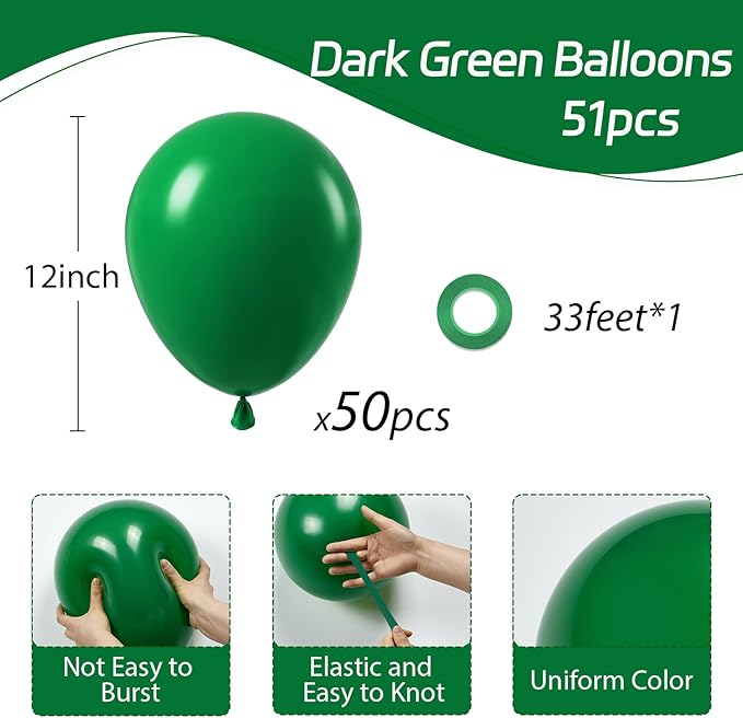 Dark Green Balloons 12 inch, Forest Green Latex Balloon 50pcs Party Balloons for Christmas Jungle Football Tropical Safari Birthday Party Decorations