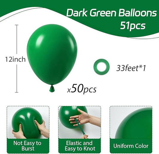 Dark Green Balloons 12 inch, Forest Green Latex Balloon 50pcs Party Balloons for Christmas Jungle Football Tropical Safari Birthday Party Decorations