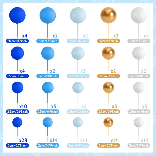 138 Pcs Balls Cake Topper Decorations Balloon Cupcake Toppers Foam Multisize Cake Topper Balls for Birthday Party Wedding Anniversary(Blue,White,Gold)