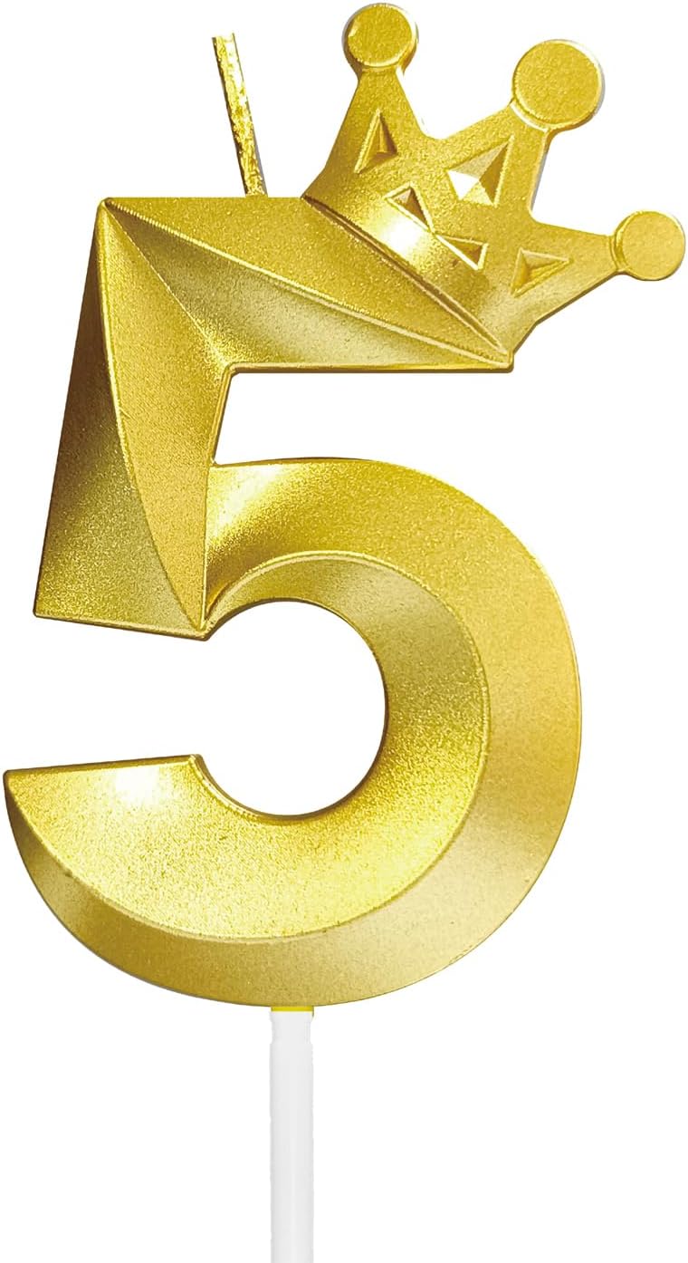 Number 5 Birthday Candle Five Years Old Happy Birthday Number Candles Cake Topper Decorations 3D Crown (Crown-5, Gold)