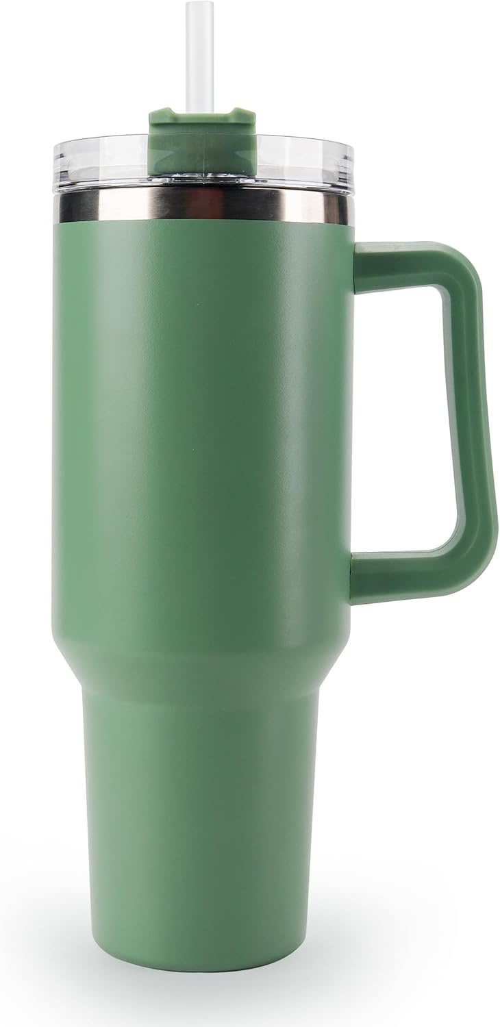 40 oz Tumbler with Handle and Straw Spill Proof Large Travel Coffee Mug Insulated Reusable Stainless Steel Cup with Lid Fit for Car Cup Holder(Green)