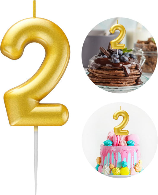 Gold Number 2 Candle Happy Birthday 3D Number Candles for Birthday Cake Party Decoration Wedding Anniversary Celebration Supplies