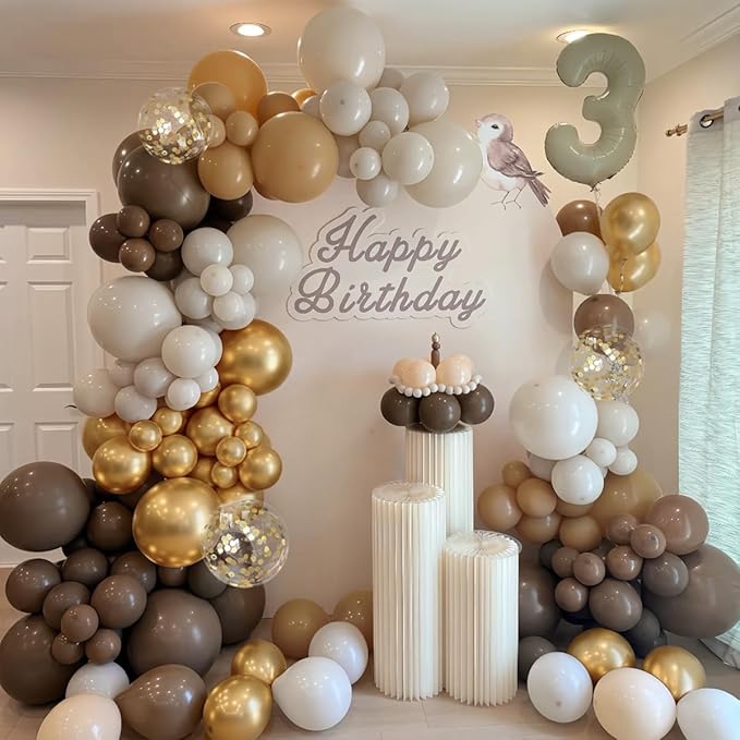 Brown Balloon Garland Arch Kit, 167Pcs Latex Balloons Different Sizes Dark Brown Camel Sand White Metallic Gold for Neutral Bear Baby Shower Safari Birthday Party Decorations
