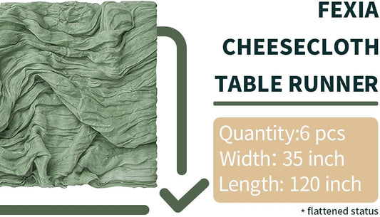 FEXIA Sage Green Cheesecloth Table Runner 6-Pack | 35x120" Gauze Boho Wedding & Party Decor