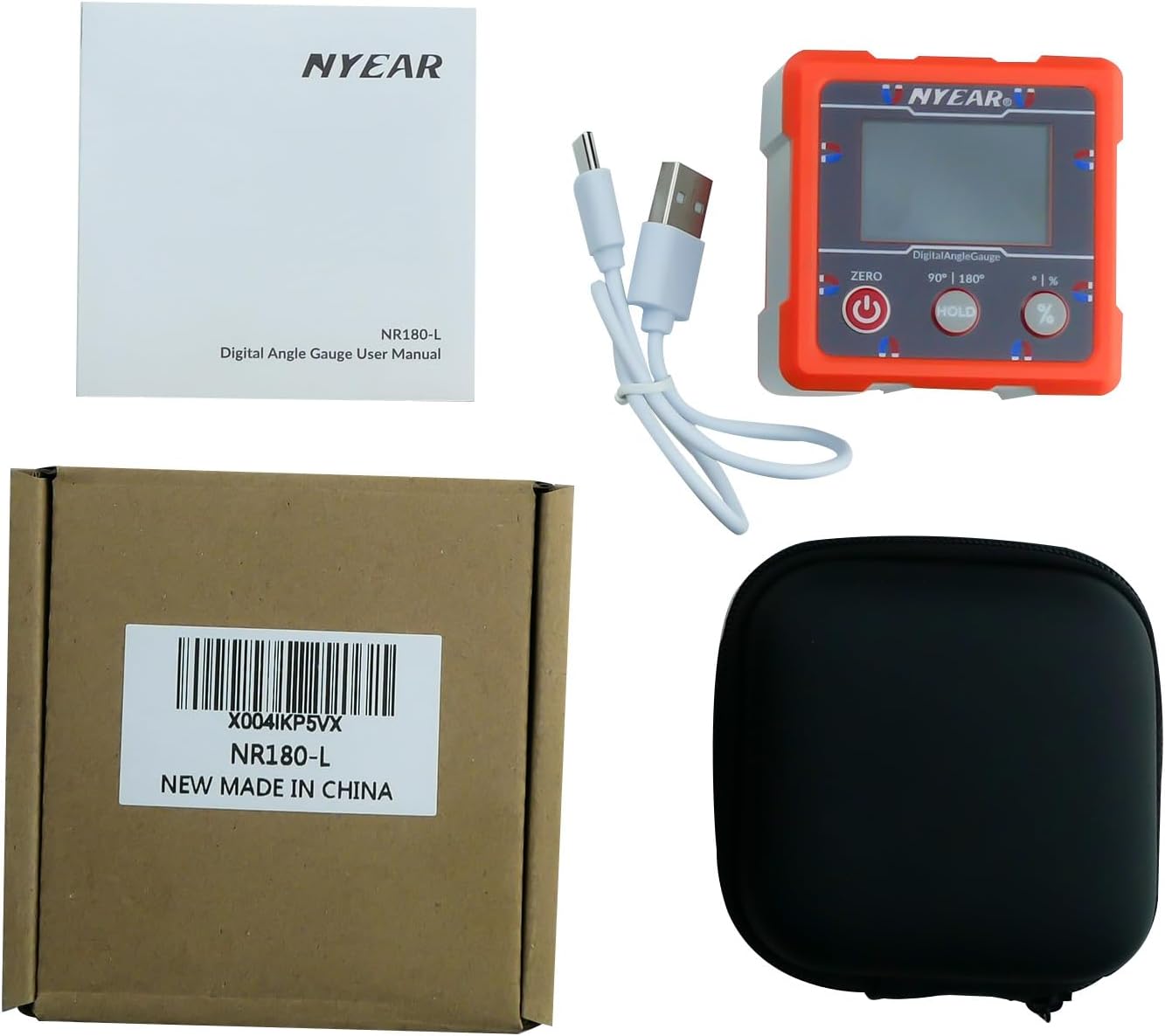 NYEAR Digital Electronic Angle Gauge Type-C Rechargeable, Four sided strong magnet, IP67 waterproof rating, Measures 0-90 and 0-180 Degree Ranges, Measures and Sets Angles or TAN