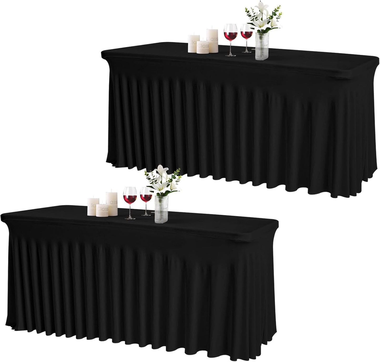 JCJ Table Skirt for Rectangle Tables Set of 2 Spandex Fitted Black Tablecloths for 4FT Tables, Wrinkle Resistant Ruffles Elastic Table Cover Skirts for Teacher Desk Weddings Banquets Parties