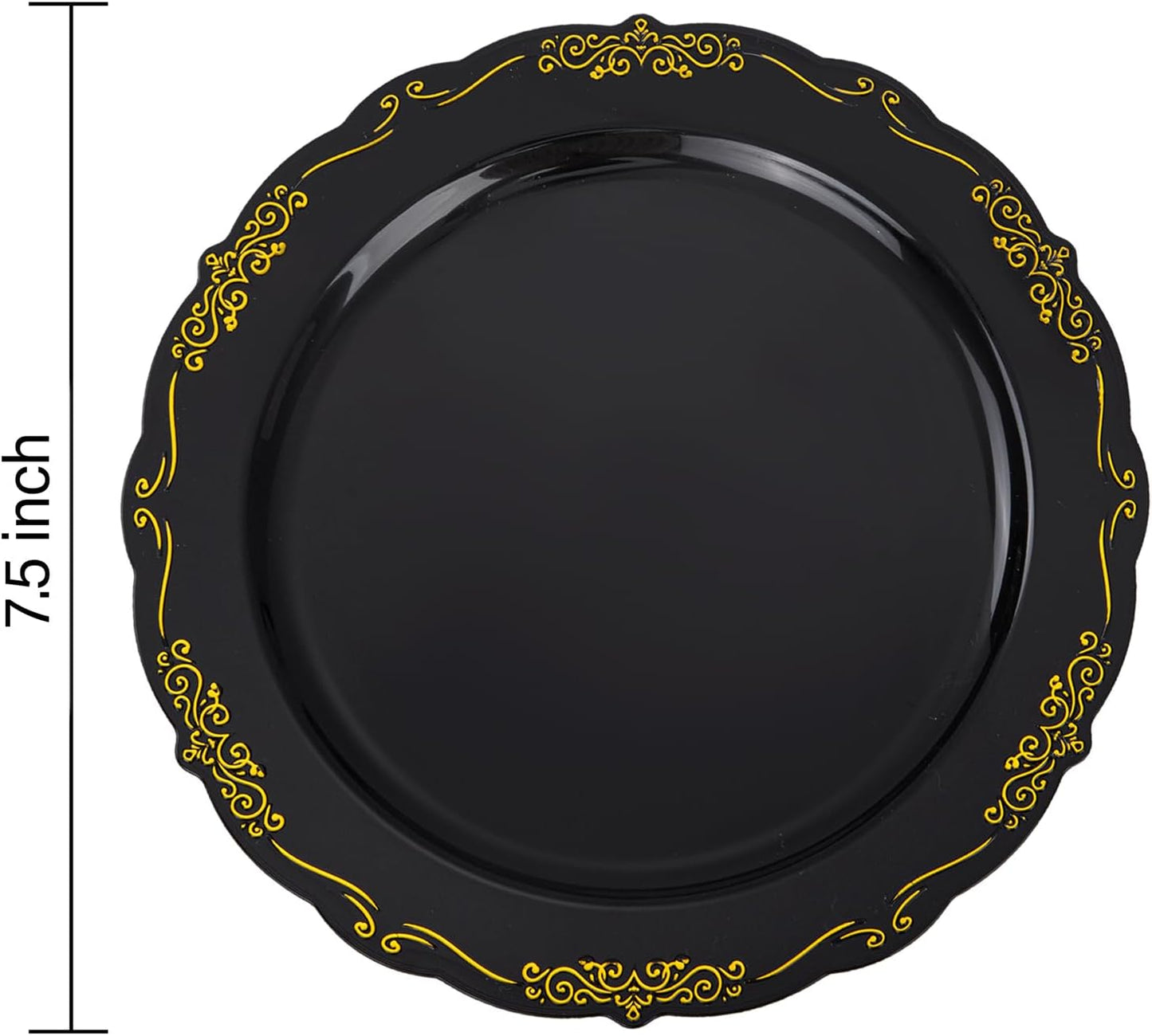 DaYammi 60PCS Black and Gold Plastic Plates, Heavy Duty Black and Gold Disposable Plates Premium 7.5 inch Black Dessert Cake Salad Appetizer Plates Hard Plastic Plates Disposable for Halloween Party