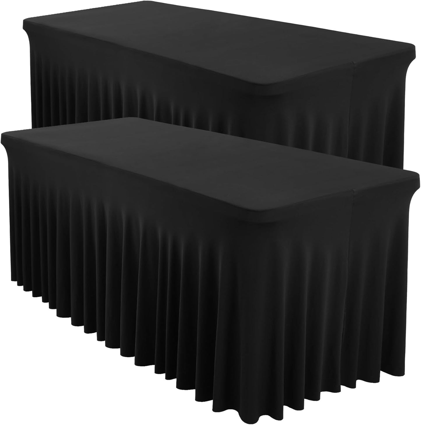 2 Packs Black Spandex Table Covers 6 Foot, Fitted Stretch Table Skirts 30x72 Inch, Wrinkle-Free Floor Length Polyester Tablecloths for Weddings Parties Banquets Events Decorations