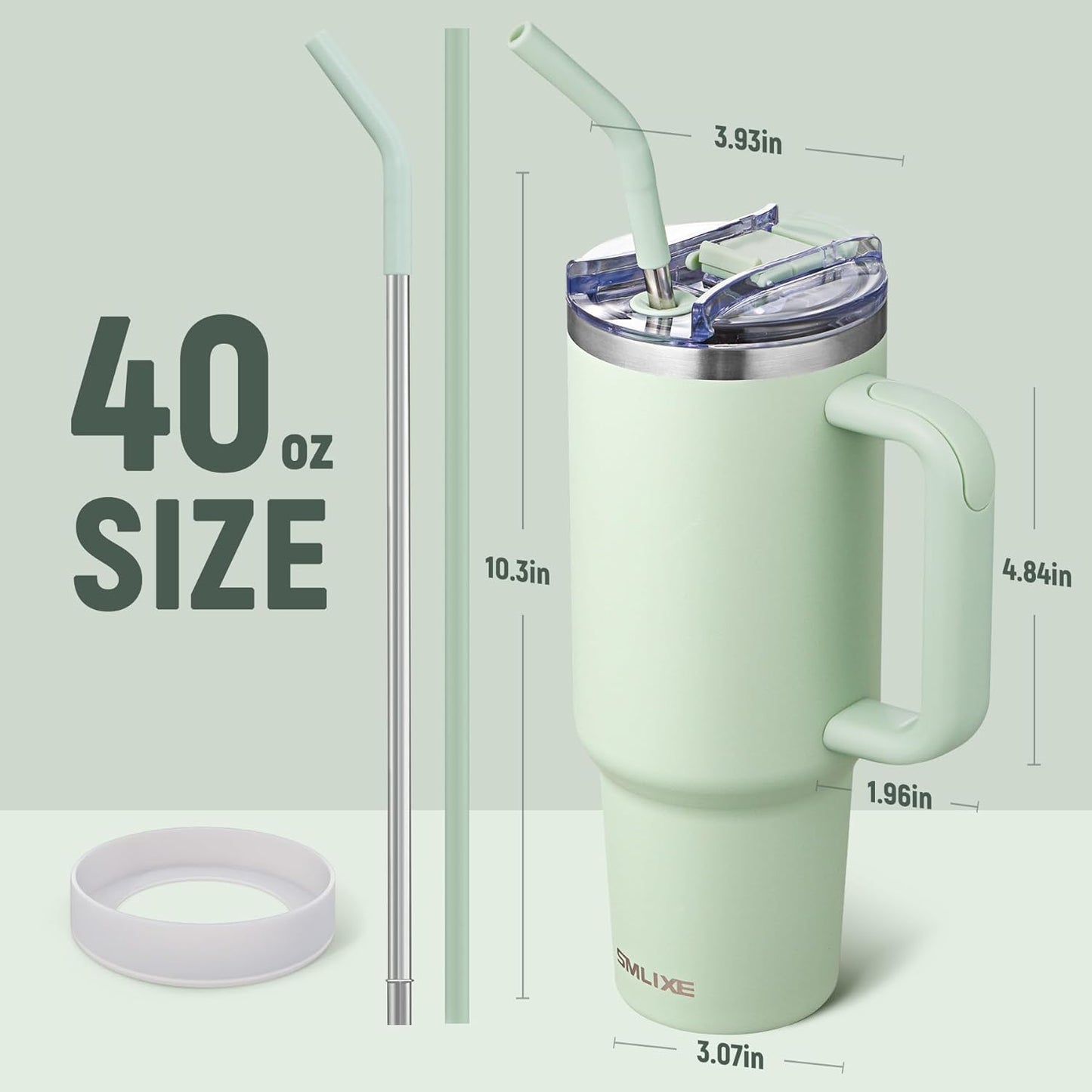 40 oz Tumbler with Handle and Straw Lid,Insulated Reusable Stainless Steel Water Bottle Travel Mug，Cupholder Friendly Double Wall Vacuum Sealed Cup (Light Green)