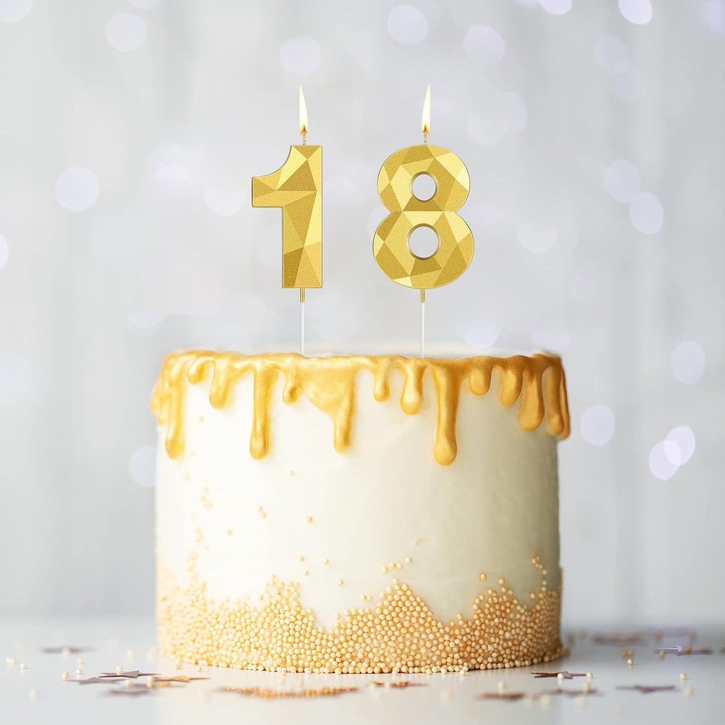18th Birthday Candles, Gold 3D Diamond Shape Number 18 Candles Happy Birthday Cake Topper Decoration for Wedding Decor Theme Party Anniversary, 2 Inch
