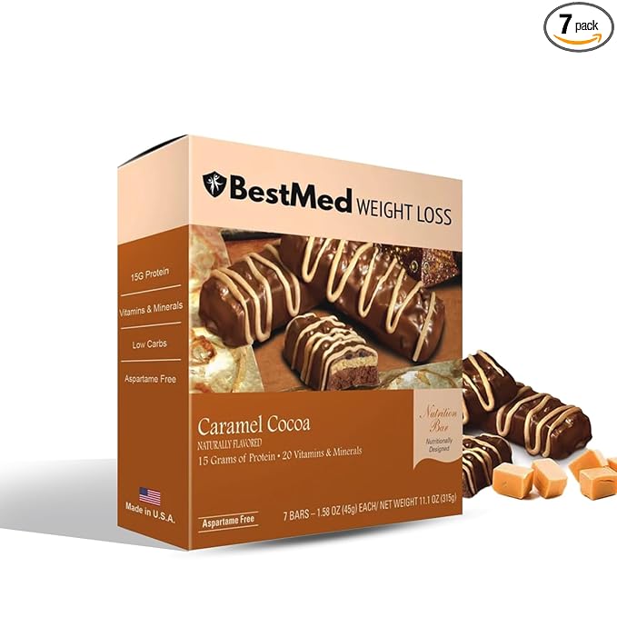 BestMed - High Protein Nutrition Bar - Low-Carb, 15g Protein, Low Sugar, High Fiber, Low Calorie, Meal Replacement Bar (Caramel Cocoa, 1 Box - 7 Count)