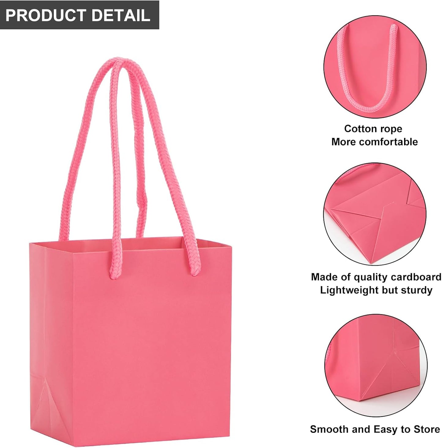 driew Small Pink Gift Bags 50 Pcs, 4" x 2.8" x 4.5" Min Thick Kraft Paper Bags Bulk with Pink Handles Set for Wedding Party Birthday Gathering Baby Shower